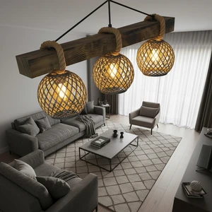 Celestia Home El Yapımı 3'lü Kütük Ahşap Avize - Doğal Eskitme Jüt İpli Sarkıt Lamba - Rustik Halatlı, Bohem & İskandinav Tasarım | Salon, Yemek Masası, Kafe, Restoran Aydınlatması