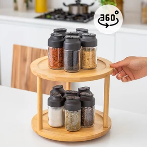M9263-35 360° Döner Standlı Bambu Sunumluk Organizer-2 Katlı Baharatlık Düzenleyici Stand