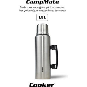 CKR2084 Campmate 1.5 L Paslanmaz Çelik Termos – Çift Kat Vakumlu, Sızdırmaz Kapaklı, 24 Saat Sıcak & 48 Saat Soğuk Koruma Gümüş