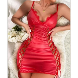 Biyeli Deri Görünümlü Mini Elbise