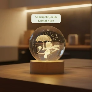 3D LED Şemsiyeli Çocuk Kristal Küre – Sarı Işıklı, Dekoratif ve Hediyelik Ürün