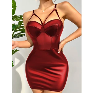 Cuplu Biyeli Mini Deri Görünümlü Elbise Kırmızı