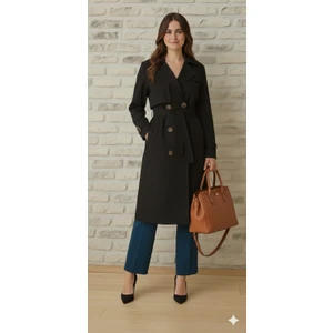 Bondit Kumaş Kuşaklı Düğmeli Cepli Kadın Trençkot