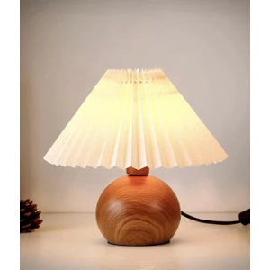 Modern Umbrella Trend Abajur Koyu Ahşap Detaylı Pileli Krem Şapka Masa Lambası