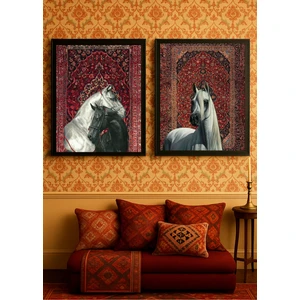Anadolu Motifli 2 Adet At | Etnik Dekoratif Modern Tasarım | Siyah Ahşap Çerçeveli Duvar Tablosu