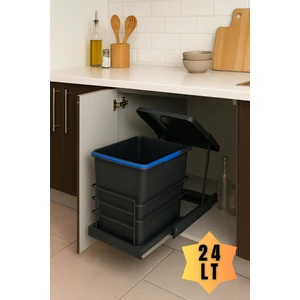 Almital Mobilya Aksesuarlari Almital Cassone 24 litre Dolap içi Teleskopik Raylı Antrasit Çöp Kovası, Minimum Kapak Genişliği 40 Cm.