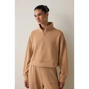 Açık Kahverengi Modal Dik Fermuar Yaka Sweatshirt