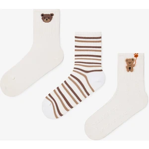 3 Çift Pamuklu Kendinden Desenli Ayıcıklı Soket Çorap
