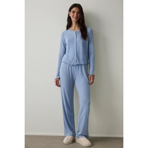 Açık Mavi Dahlia Bisiklet Yaka Uzun Kollu Termal Etkili Pijama Takımı