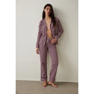 Pembe Maroon Çizgili Gömlek Yaka Pamuklu Pijama Takımı