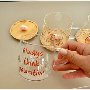 Yazı Baskılı Cam Bardak -always thinks -ahşap pati kapaklı-Kupa patili