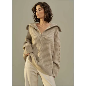 Rika Vizon Saç Örgü Fermuarlı Triko Kazak