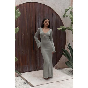 Ortensia Metal Detay Haki Uzun Triko Elbise