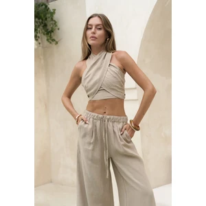 Moira Bej Keten Crop Pantolon Takım