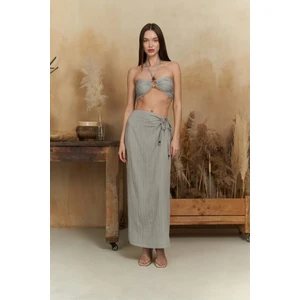 Lovina Çizgili Gri Crop Etek Takım