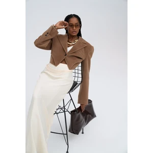 Muirnas Askı Detay Ekru Uzun Saten Etek