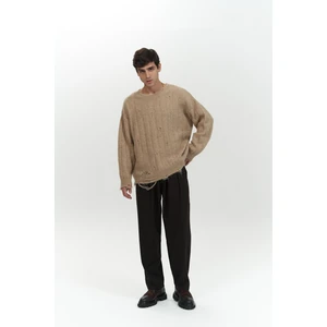 Vincent Yırtık Detay Vizon Erkek Triko Kazak