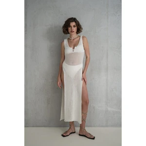 Havanna Yan Yırtmaç Detay Ekru Triko Elbise