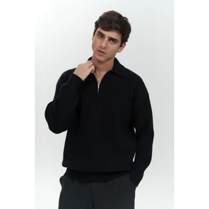 Oberon Polo Yaka Yarım Fermuarlı Siyah Erkek Triko Kazak