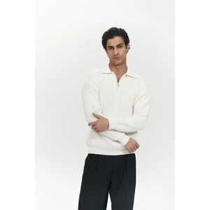 Oberon Polo Yaka Yarım Fermuarlı Ekru Erkek Triko Kazak