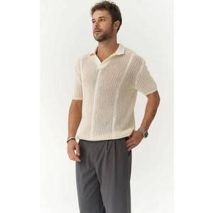 Looke Erkek Çizgi Detay Ekru Triko T-Shirt