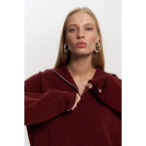 Lorna Fermuarlı Bordo Triko Kazak