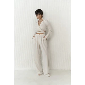 Estila Bej Crop Pantolon Takım