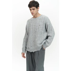 Vincent Yırtık Detay Gri Erkek Triko Kazak