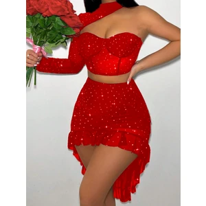 Pırıltılı Tek Kol Süngerli Büstiyer Astarlı Etek Takım Kırmızı