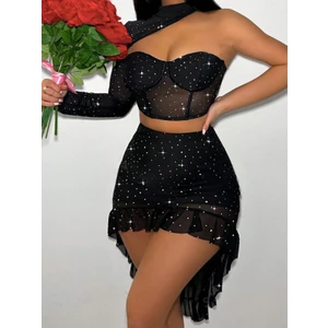 Pırıltılı Tek Kol Süngerli Büstiyer Astarlı Etek Takım Siyah