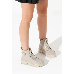 Tonny Black Kadın Bej Kalın Termo Taban Yuvarlak Tokalı Bağcıklı ve Fermuarlı Bot