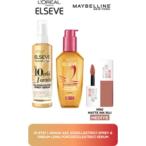L'Oréal Paris 10 Etki 1 Arada Saç Güzelleştirici Sprey &  Dream Long Pürüzsüzleştirici Serum & Matte Ink 65 Mini Ruj Hediyeli