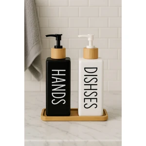 2li Dikdörtgen Cam Sıvı Sabunluk 380ML - Bambu Stantlı