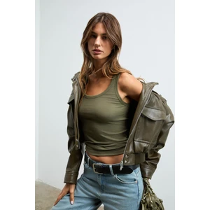 Lıllesol Kadın Fitilli Görünümlü Slim Fit Vücuda Oturan Havuz Yakalı Pamuklu Basic Haki Atlet