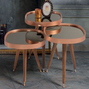 İnegöl Sehpa Siyah Aynalı 3'lü Yuvarlak Zigon Sehpa Ceviz Çerçeveli Ahşap Lüx Ayaklı D3