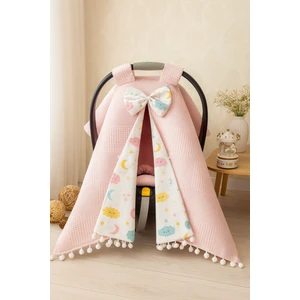 Tek Puset Örtüsü %100 Pamuk Çift Katlı Bulutlu Müslin ve Pembe Pike Kumaştan Fiyonklu