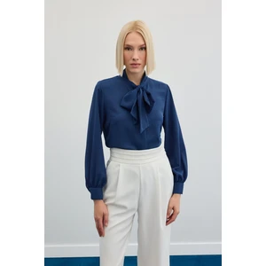 Yakası Bağlamalı Düz Gömlek - Indigo