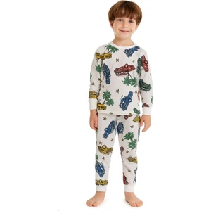 Erkek Çocuk Pamuklu Beyaz Renk Araba Desenli Mevsimlik Pijama Takımı