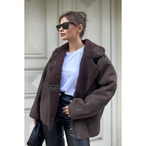 Kadın Oversize Içi Kürklü Süet Deri Mont - Içi Peluşlu Yumuşak Dokulu