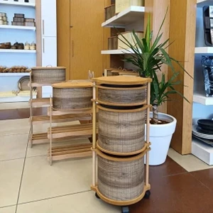 Ahşap Yuvarlak Tekerlekli Kahve Sebzelik 3 Katlı Yana Açılır Patates Soğan Sarımsak