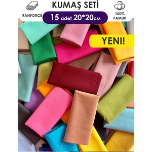 Renkli Düz %100 Pamuk Kumaş Seti – 15 Adet 20X20 Cm, Farklı Renklerle, Patchwork ve Dikiş Için
