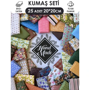 %100 Pamuk Eko-Saten Patchwork Kumaş Seti – 25 Adet 20×20 cm Desenli Kumaş Parçası
