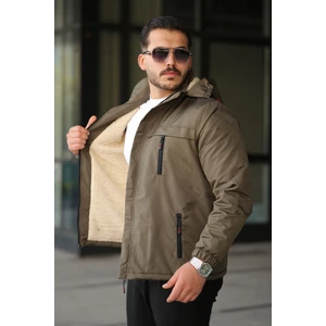 Erkek Içi Kürklü Kapüşonu Çıkarılabilir Su ve Rüzgar Geçirmez Kalın Mont