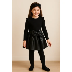 Özge Başaran deri Etek Siyah Badi ve Diz Altı Siyah Fiyonklu Çorap Takım 3 Lü Set