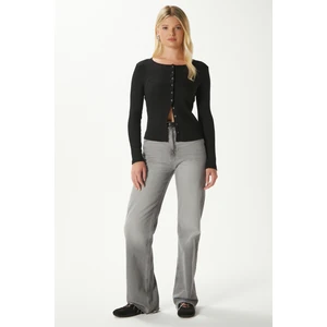 Young Cool Düğmeli Uzun Kollu Siyah Bluz