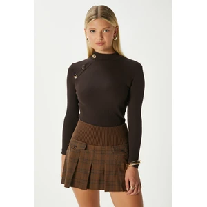 Kadın Gloria Gold Düğmeli Uzun Kollu Kahverengi Fitilli Pamuk Bluz