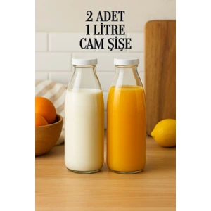 2 Adet Beyaz Plastik Kapaklı 1 Litre Şeffaf Sürahi Süt, Ayran, Su, Limonata Meşrubat Şişesi Cam Şişe