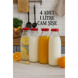4 Adet 1 Litre Şeffaf Sürahi Süt, Ayran, Su, Limonata, Meşrubat Şişesi Plastik Kapaklı Cam Şişe
