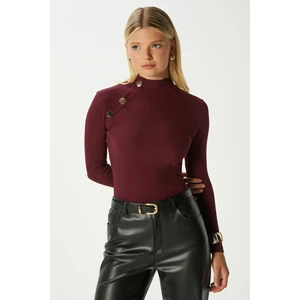 Kadın Gloria Gold Düğmeli Uzun Kollu Bordo Fitilli Pamuk Bluz