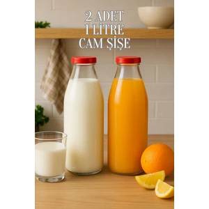 2 Adet 1 Litre Şeffaf Sürahi Süt, Ayran, Su, Limonata, Meşrubat Şişesi Plastik Kapaklı Cam Şişe
